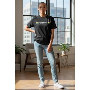 Polaroid T-Shirt Mens Size M Black Rainbow Stripe Logo Graphic Crew Neck vintage